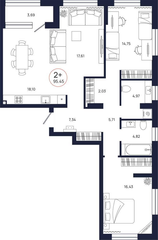 Планировка, 2 к. квартира, Тюмень, ул. Владислава Крапивина, 9, кв. С1.2.1, пд.1, эт. 2/17, 95,45 м², 9 416 000 ₽, 98 648,51