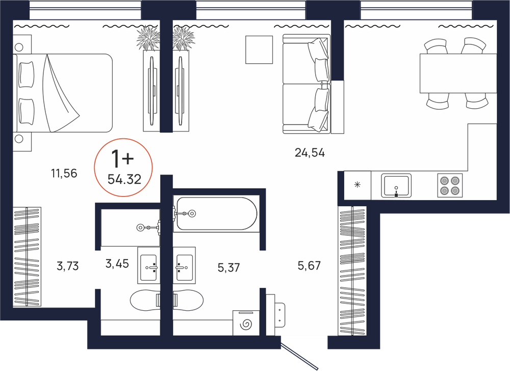 Планировка, 1 к. квартира, Тюмень, ул. Владислава Крапивина, 9, кв. С1.2.2, пд.1, эт. 2/17, 54,32 м², 8 137 000 ₽, 149 797,50