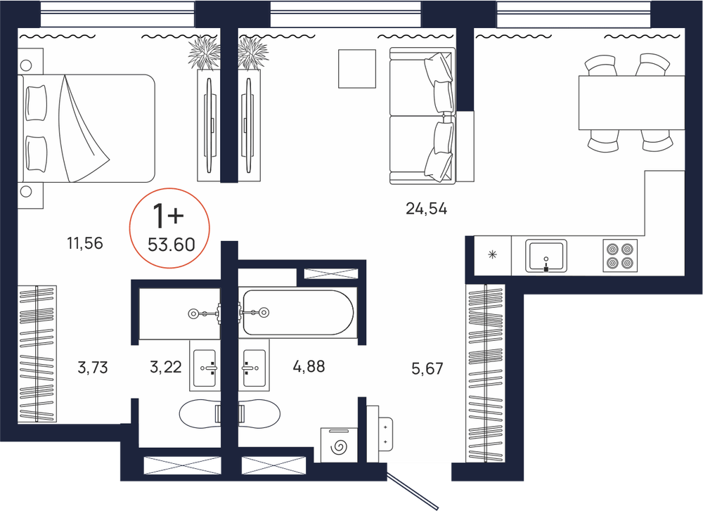 Планировка, 1 к. квартира, Тюмень, ул. Владислава Крапивина, 9, кв. С1.3.2, пд.1, эт. 3/17, 53,6 м², 7 933 000 ₽, 148 003,73