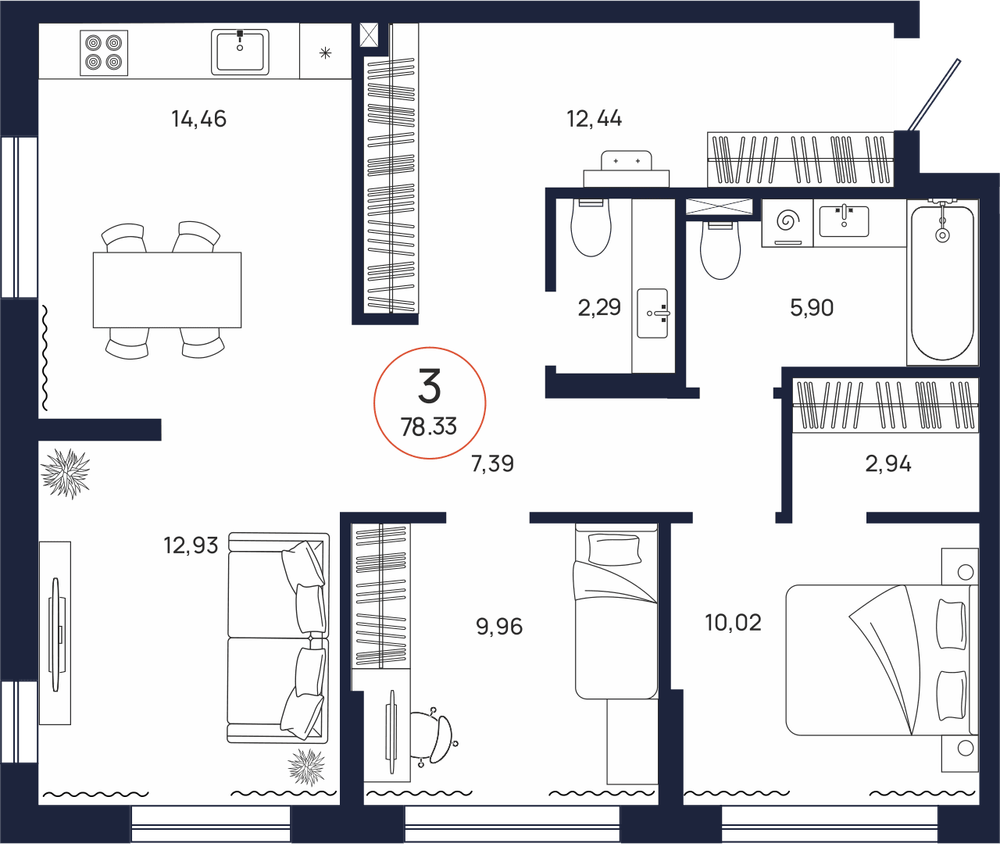 Планировка, 3 к. квартира, Тюмень, ул. Владислава Крапивина, 9, кв. С1.3.4, пд.1, эт. 3/17, 78,33 м², 9 145 600 ₽, 116 757,31