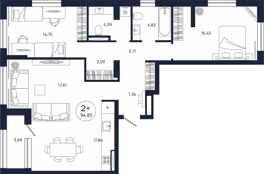 Планировка, 2 к. квартира, Тюмень, ул. Владислава Крапивина, 9, кв. С1.5.1, пд.1, эт. 5/17, 94,83 м², 11 215 000 ₽, 118 264,26