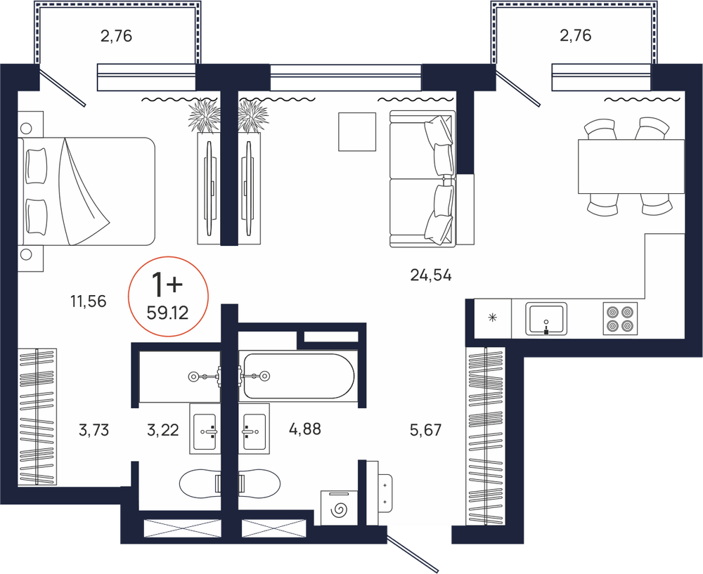 Планировка, 1 к. квартира, Тюмень, ул. Владислава Крапивина, 9, кв. С1.5.2, пд.1, эт. 5/17, 59,12 м², 8 586 000 ₽, 145 230,04