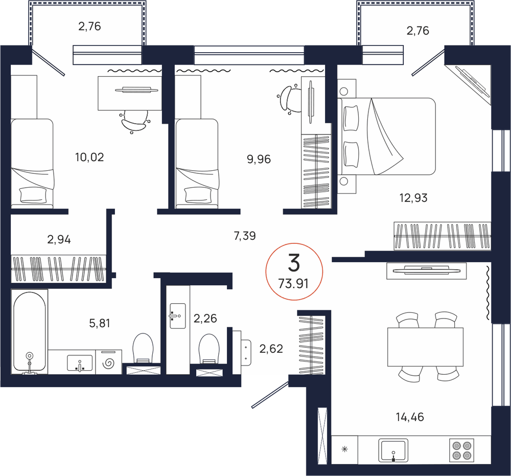 Планировка, 3 к. квартира, Тюмень, ул. Владислава Крапивина, 9, кв. С1.5.4, пд.1, эт. 5/17, 73,91 м², 10 004 000 ₽, 135 353,81