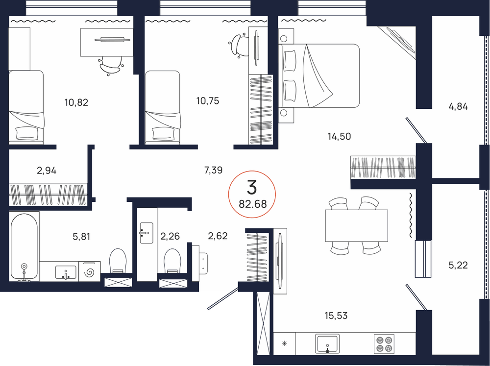 Планировка, 3 к. квартира, Тюмень, ул. Владислава Крапивина, 9, кв. С1.6.5, пд.1, эт. 6/17, 82,68 м², 9 602 600 ₽, 116 141,75