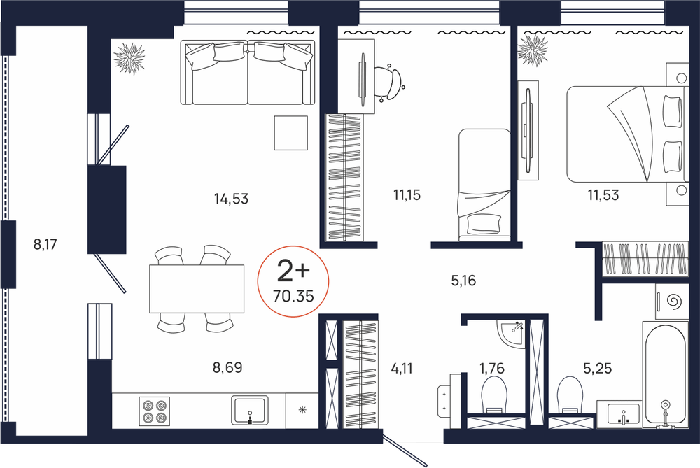 Планировка, 2 к. квартира, Тюмень, ул. Владислава Крапивина, 9, кв. С1.8.6, пд.1, эт. 8/17, 70,35 м², 7 092 000 ₽, 100 810,23