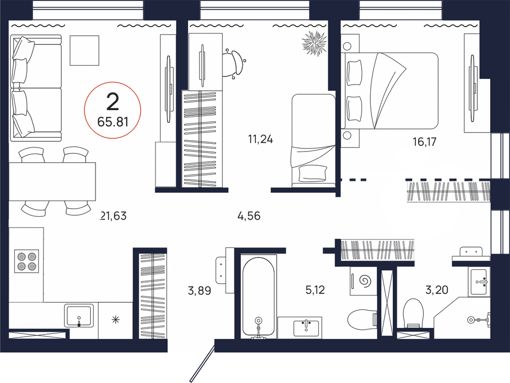 Планировка, 2 к. квартира, Тюмень, ул. Владислава Крапивина, 9, кв. С1.9.1, пд.1, эт. 9/17, 65,81 м², 8 451 000 ₽, 128 415,13