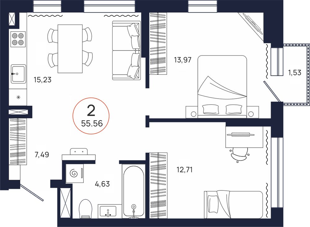 Планировка, 2 к. квартира, Тюмень, ул. Владислава Крапивина, 9, кв. С1.9.2, пд.1, эт. 9/17, 55,56 м², 7 737 000 ₽, 139 254,86