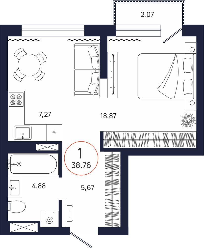 Планировка, 1 к. квартира, Тюмень, ул. Владислава Крапивина, 9, кв. С1.10.3, пд.1, эт. 10/17, 38,76 м², 5 910 000 ₽, 152 476,78