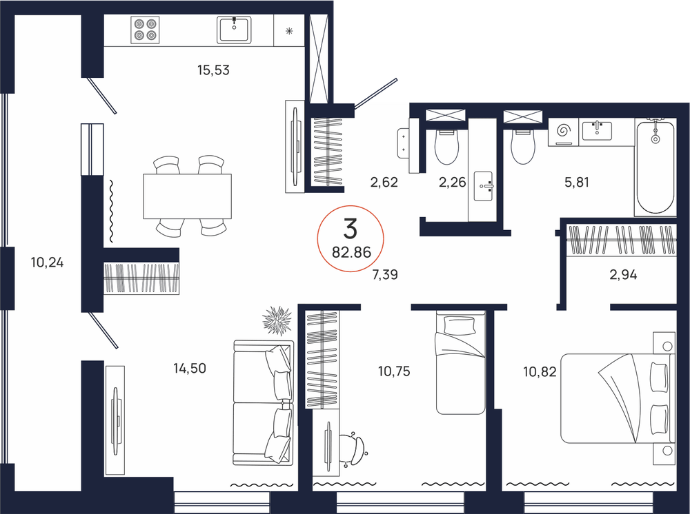 Планировка, 3 к. квартира, Тюмень, ул. Владислава Крапивина, 9, кв. С1.10.5, пд.1, эт. 10/17, 82,86 м², 9 578 800 ₽, 115 602,22