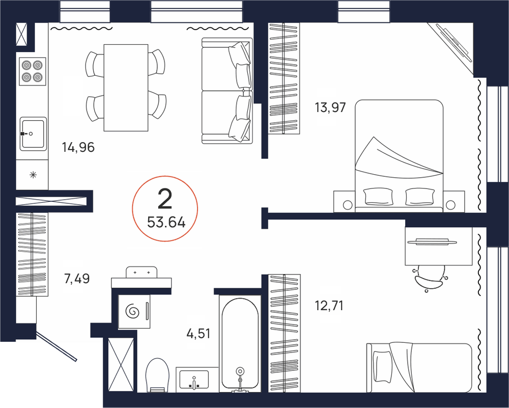 Планировка, 2 к. квартира, Тюмень, ул. Владислава Крапивина, 9, кв. С1.12.2, пд.1, эт. 12/17, 53,64 м², 7 470 000 ₽, 139 261,74