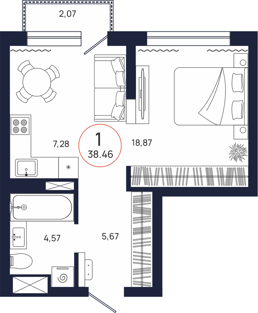Планировка, 1 к. квартира, Тюмень, ул. Владислава Крапивина, 9, кв. С1.12.3, пд.1, эт. 12/17, 38,46 м², 5 449 000 ₽, 141 679,67
