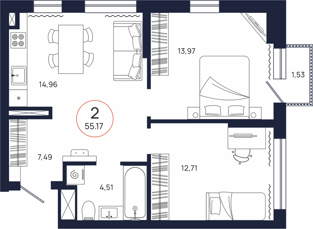 Планировка, 2 к. квартира, Тюмень, ул. Владислава Крапивина, 9, кв. С1.13.2, пд.1, эт. 13/17, 55,17 м², 7 532 000 ₽, 136 523,47