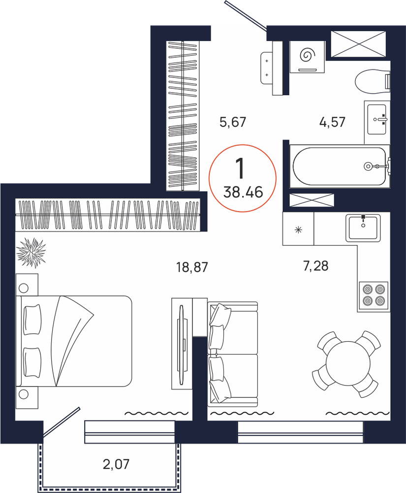Планировка, 1 к. квартира, Тюмень, ул. Владислава Крапивина, 9, кв. С1.13.3, пд.1, эт. 13/17, 38,46 м², 5 289 000 ₽, 137 519,50
