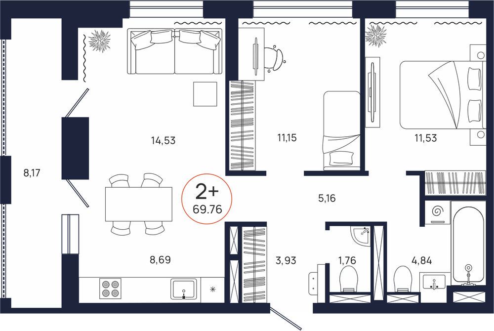 Планировка, 2 к. квартира, Тюмень, ул. Владислава Крапивина, 9, кв. С1.15.6, пд.1, эт. 15/17, 69,76 м², 9 907 000 ₽, 142 015,48