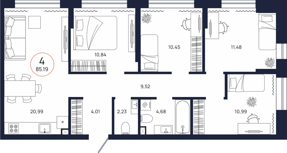 Планировка, 4 к. квартира, Тюмень, ул. Владислава Крапивина, 9, кв. С2.2.1, пд.2, эт. 2/9, 85,19 м², 10 872 000 ₽, 127 620,61