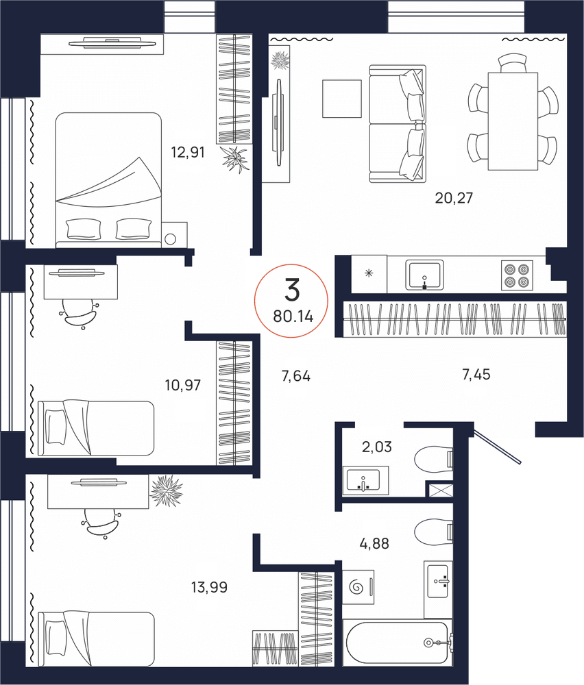 Планировка, 3 к. квартира, Тюмень, ул. Владислава Крапивина, 9, кв. С2.2.5, пд.2, эт. 2/9, 80,14 м², 9 263 300 ₽, 115 588,97