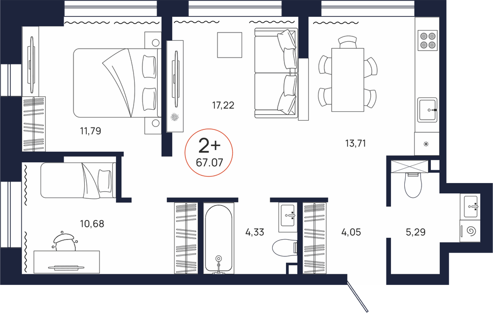 Планировка, 2 к. квартира, Тюмень, ул. Владислава Крапивина, 9, кв. С2.2.6, пд.2, эт. 2/9, 67,07 м², 8 508 000 ₽, 126 852,54