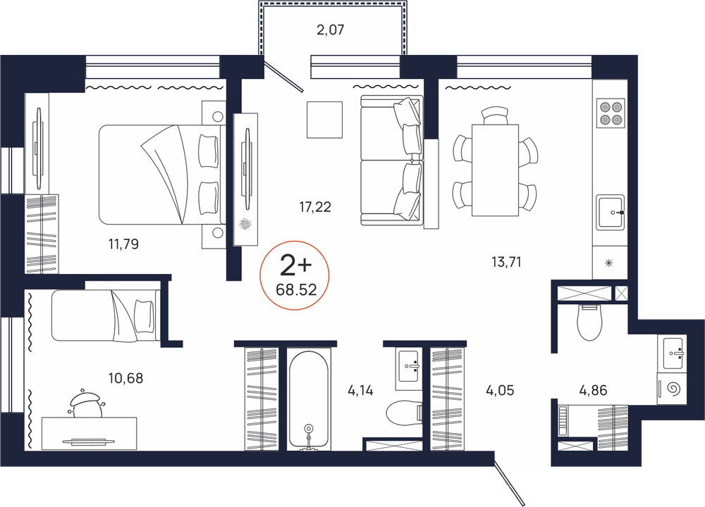 Планировка, 2 к. квартира, Тюмень, ул. Владислава Крапивина, 9, кв. С2.3.6, пд.2, эт. 3/9, 68,52 м², 8 891 000 ₽, 129 757,73