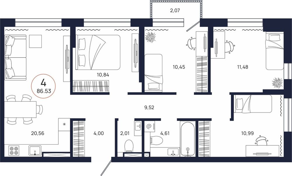 Планировка, 4 к. квартира, Тюмень, ул. Владислава Крапивина, 9, кв. С2.4.1, пд.2, эт. 4/9, 86,53 м², 11 430 000 ₽, 132 092,92