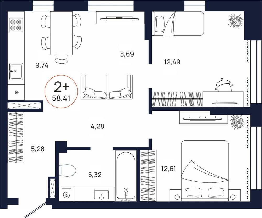 Планировка, 2 к. квартира, Тюмень, ул. Владислава Крапивина, 9, кв. С2.4.2, пд.2, эт. 4/9, 58,41 м², 8 307 000 ₽, 142 218,80