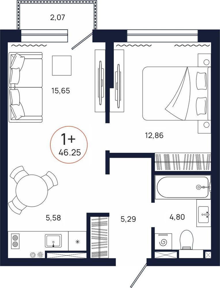 Планировка, 1 к. квартира, Тюмень, ул. Владислава Крапивина, 9, кв. С2.4.4, пд.2, эт. 4/9, 46,25 м², 7 058 000 ₽, 152 605,41