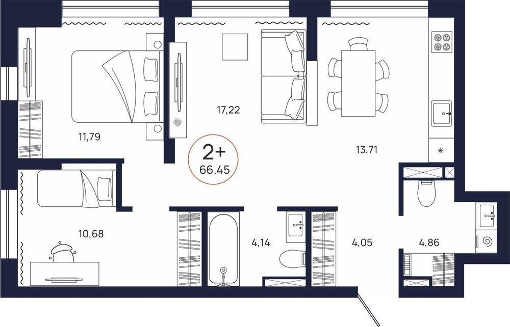 Планировка, 2 к. квартира, Тюмень, ул. Владислава Крапивина, 9, кв. С2.4.6, пд.2, эт. 4/9, 66,45 м², 9 825 000 ₽, 147 855,53