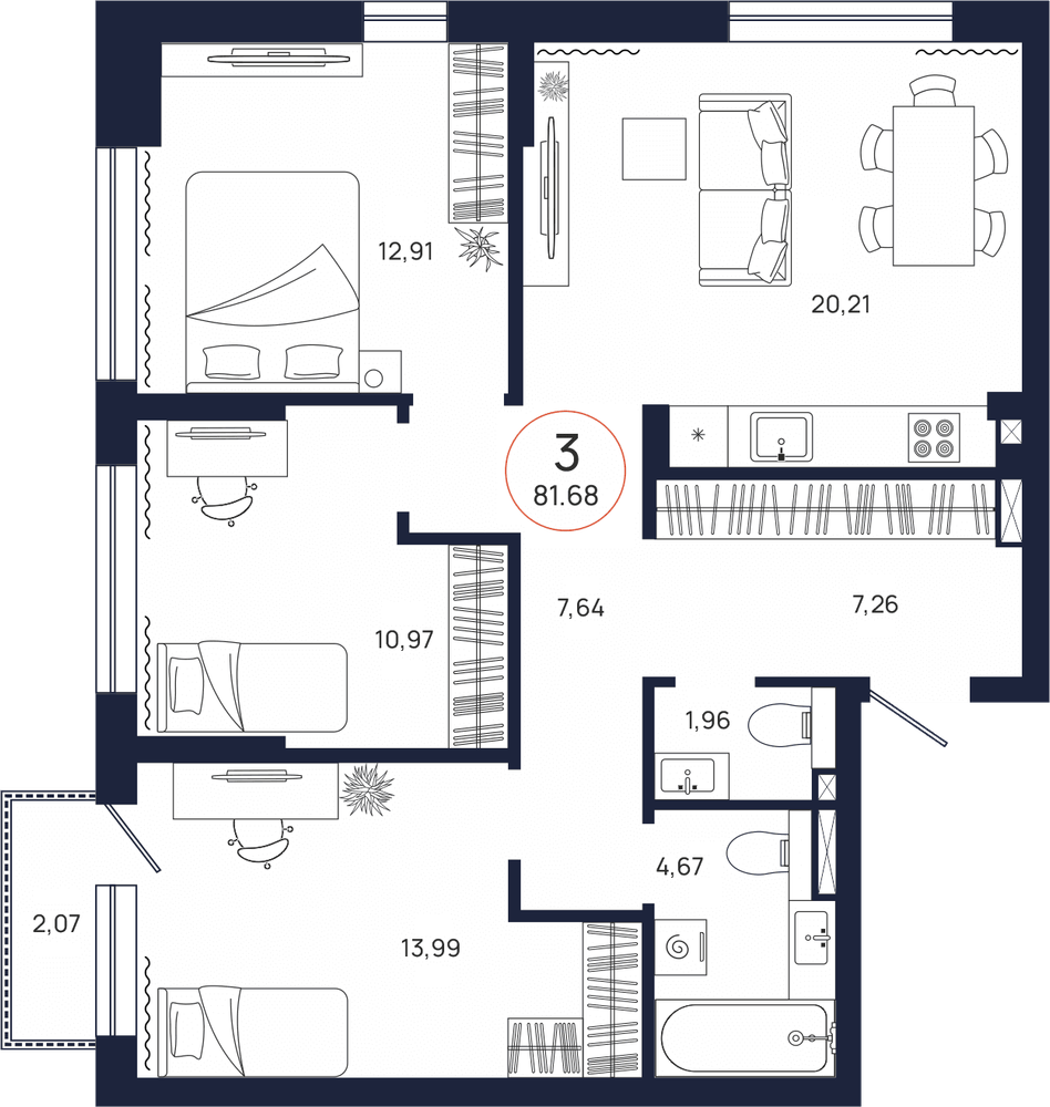 Планировка, 3 к. квартира, Тюмень, ул. Владислава Крапивина, 9, кв. С2.5.5, пд.2, эт. 5/9, 81,68 м², 9 915 700 ₽, 121 396,91