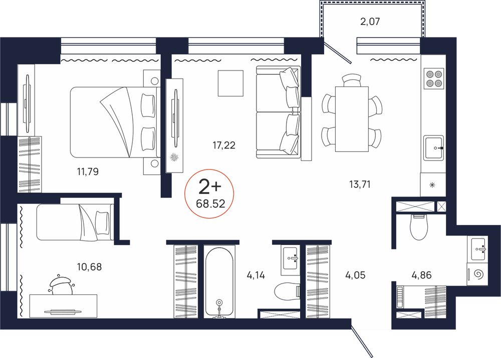 Планировка, 2 к. квартира, Тюмень, ул. Владислава Крапивина, 9, кв. С2.5.6, пд.2, эт. 5/9, 68,52 м², 10 104 000 ₽, 147 460,60