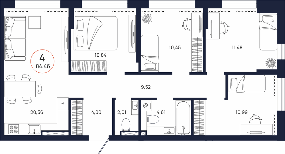 Планировка, 4 к. квартира, Тюмень, ул. Владислава Крапивина, 9, кв. С2.6.1, пд.2, эт. 6/9, 84,46 м², 11 206 000 ₽, 132 678,19