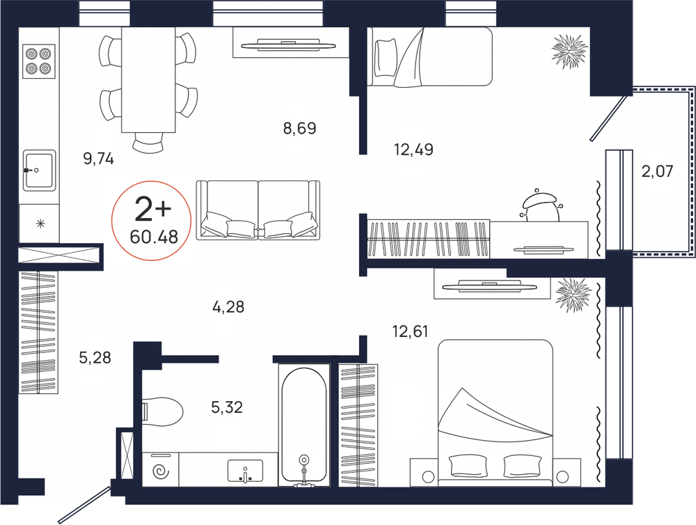 Планировка, 2 к. квартира, Тюмень, ул. Владислава Крапивина, 9, кв. С2.6.2, пд.2, эт. 6/9, 60,48 м², 8 606 000 ₽, 142 294,97
