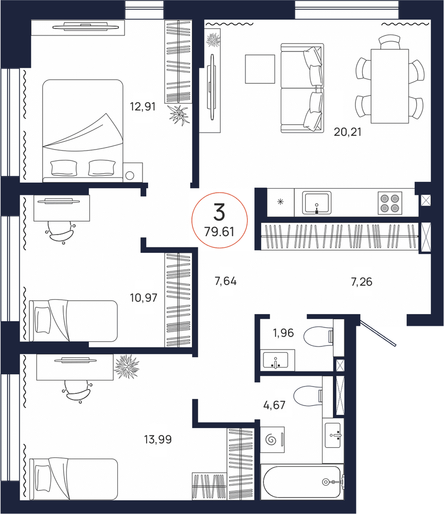 Планировка, 3 к. квартира, Тюмень, ул. Владислава Крапивина, 9, кв. С2.6.5, пд.2, эт. 6/9, 79,61 м², 9 636 800 ₽, 121 050,12