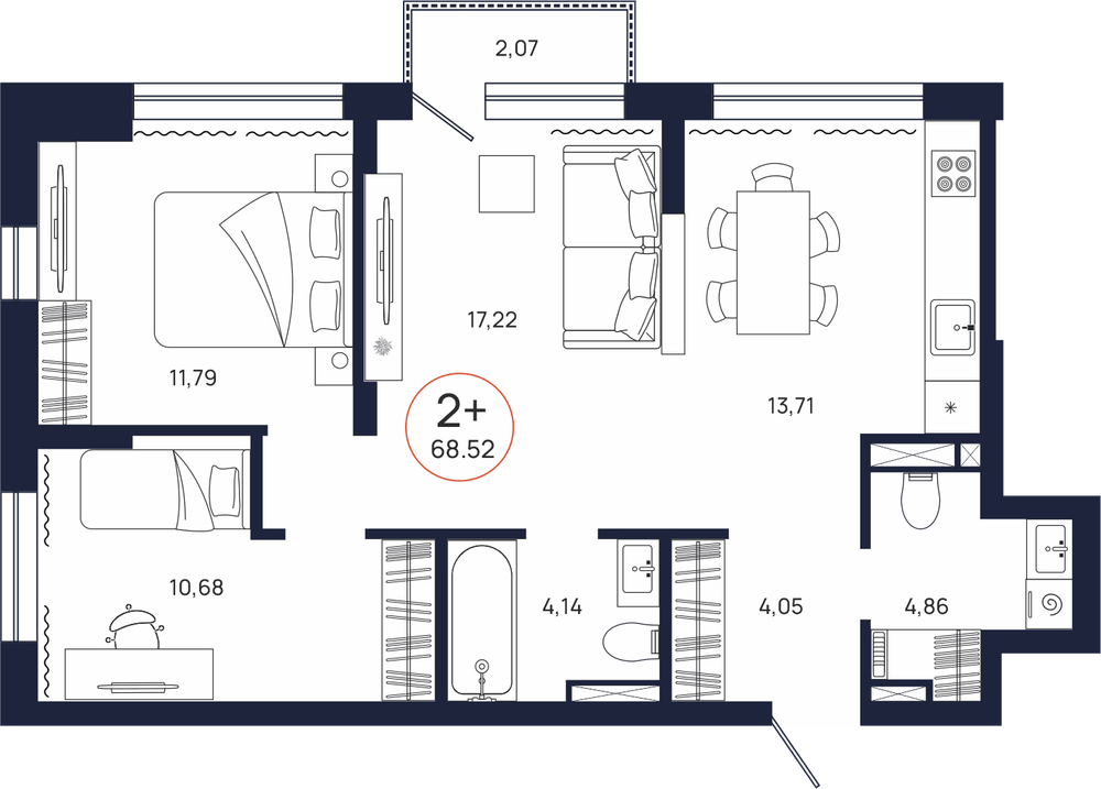 Планировка, 2 к. квартира, Тюмень, ул. Владислава Крапивина, 9, кв. С2.6.6, пд.2, эт. 6/9, 68,52 м², 10 114 000 ₽, 147 606,54