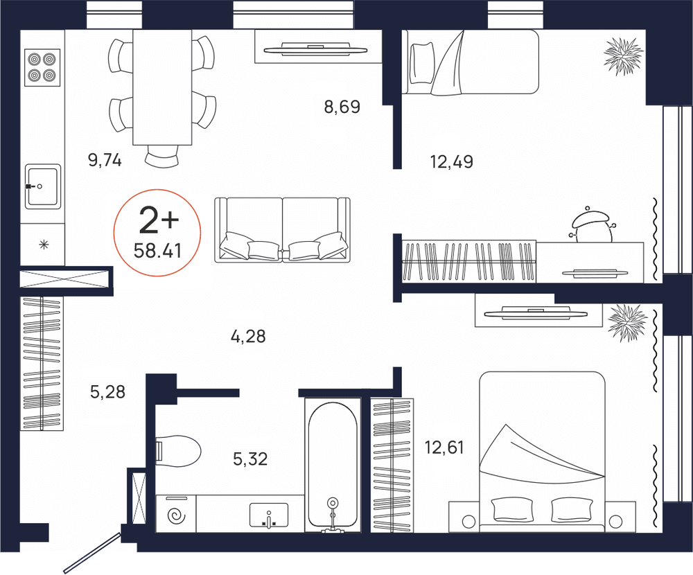 Планировка, 2 к. квартира, Тюмень, ул. Владислава Крапивина, 9, кв. С2.7.2, пд.2, эт. 7/9, 58,41 м², 8 679 000 ₽, 148 587,57