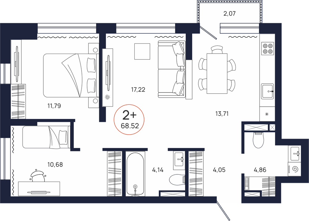 Планировка, 2 к. квартира, Тюмень, ул. Владислава Крапивина, 9, кв. С2.7.6, пд.2, эт. 7/9, 68,52 м², 10 388 000 ₽, 151 605,37