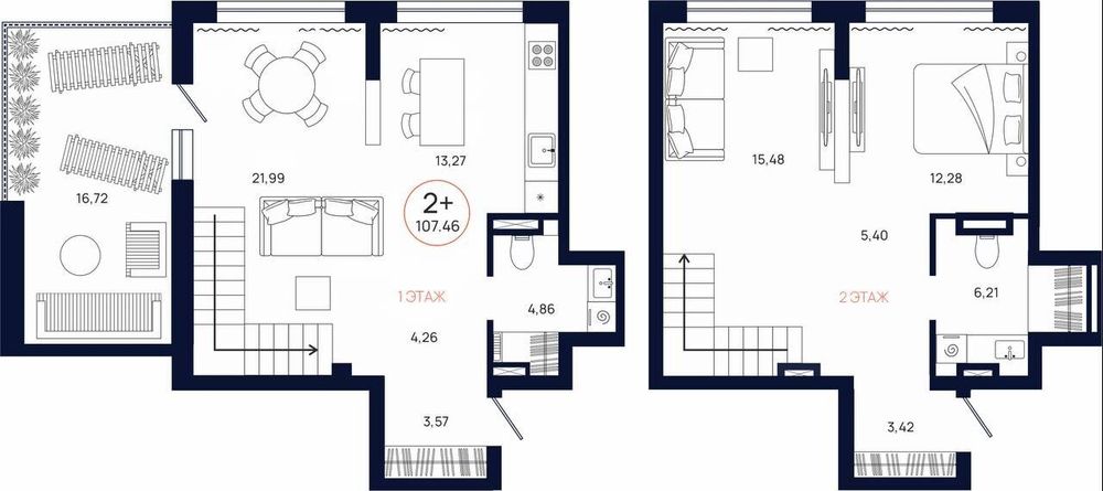 Планировка, 2 к. квартира, Тюмень, ул. Владислава Крапивина, 9, кв. С2.8.4, пд.2, эт. 8/9, 107,46 м², 13 706 000 ₽, 127 545,13