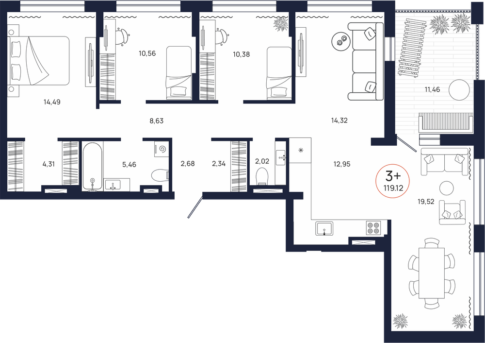 Планировка, 3 к. квартира, Тюмень, ул. Владислава Крапивина, 9, кв. С2.9.3, пд.2, эт. 9/9, 119,12 м², 18 479 000 ₽, 155 129,28