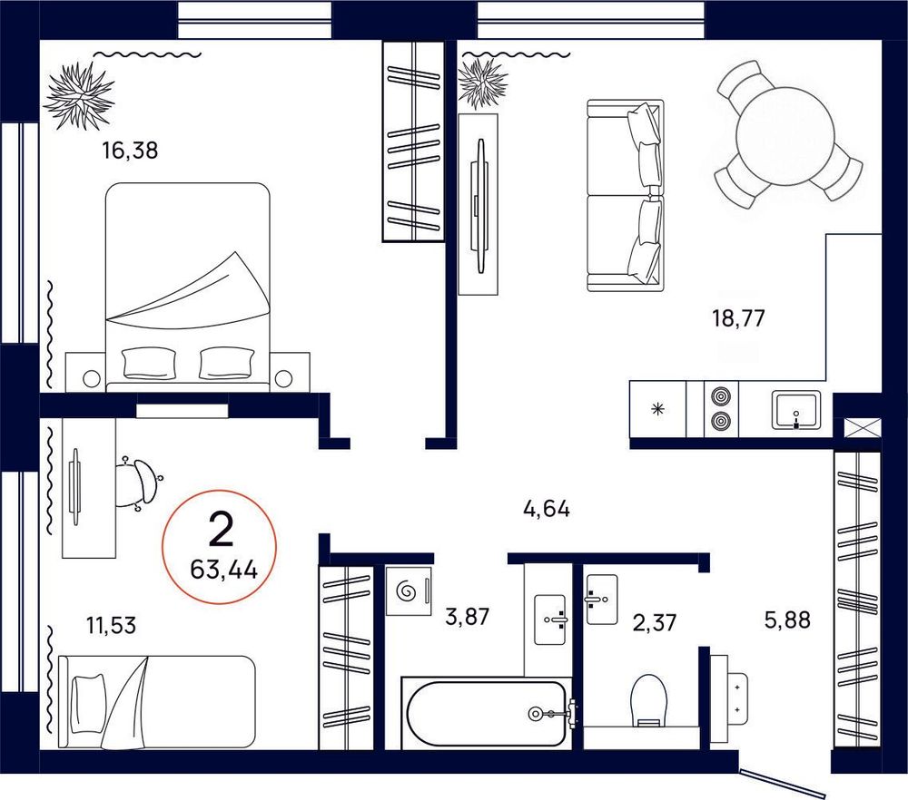 Планировка, 2 к. квартира, Тюмень, ул. Владислава Крапивина, 9, кв. С3.2.5, пд.3, эт. 2/9, 63,44 м², 8 393 000 ₽, 132 298,23