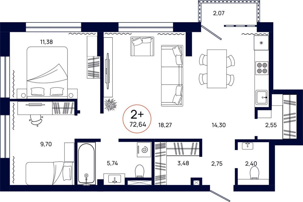 Планировка, 2 к. квартира, Тюмень, ул. Владислава Крапивина, 9, кв. С3.2.6, пд.3, эт. 2/9, 72,64 м², 8 971 040 ₽, 123 500
