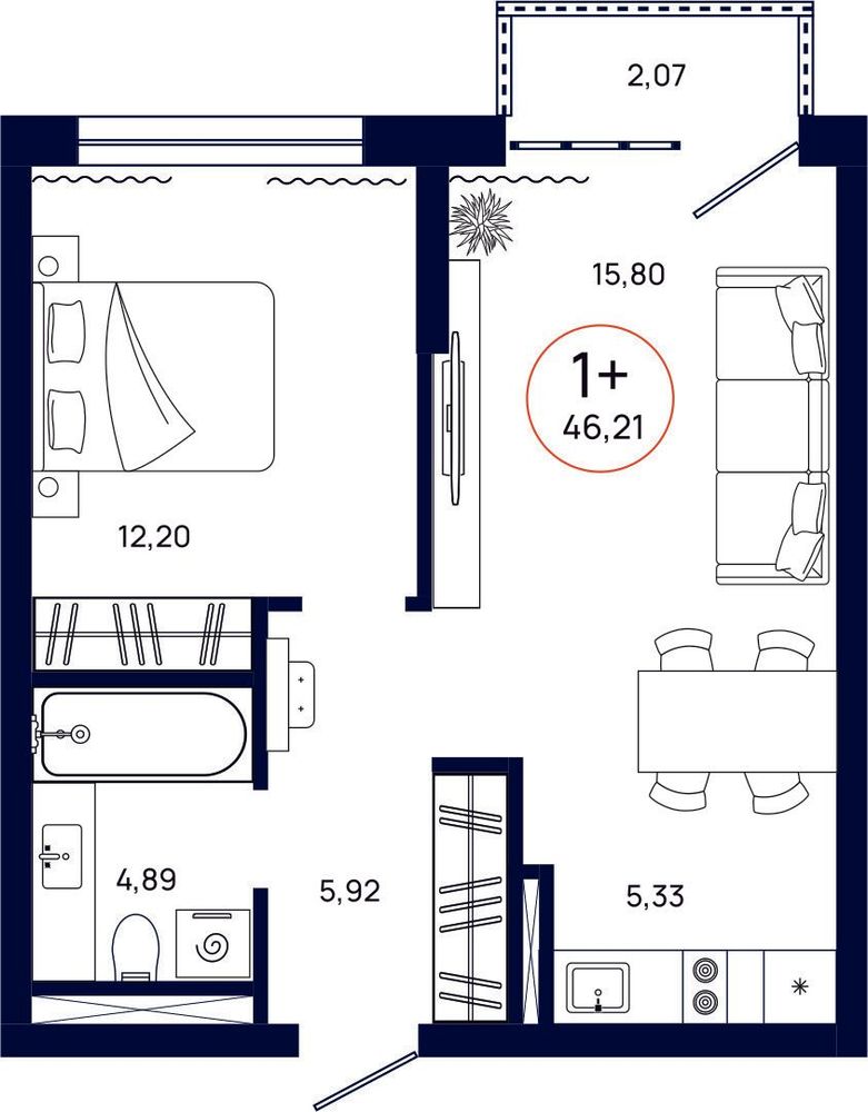 Планировка, 1 к. квартира, Тюмень, ул. Владислава Крапивина, 9, кв. С3.3.4, пд.3, эт. 3/9, 46,21 м², 6 861 000 ₽, 148 474,36