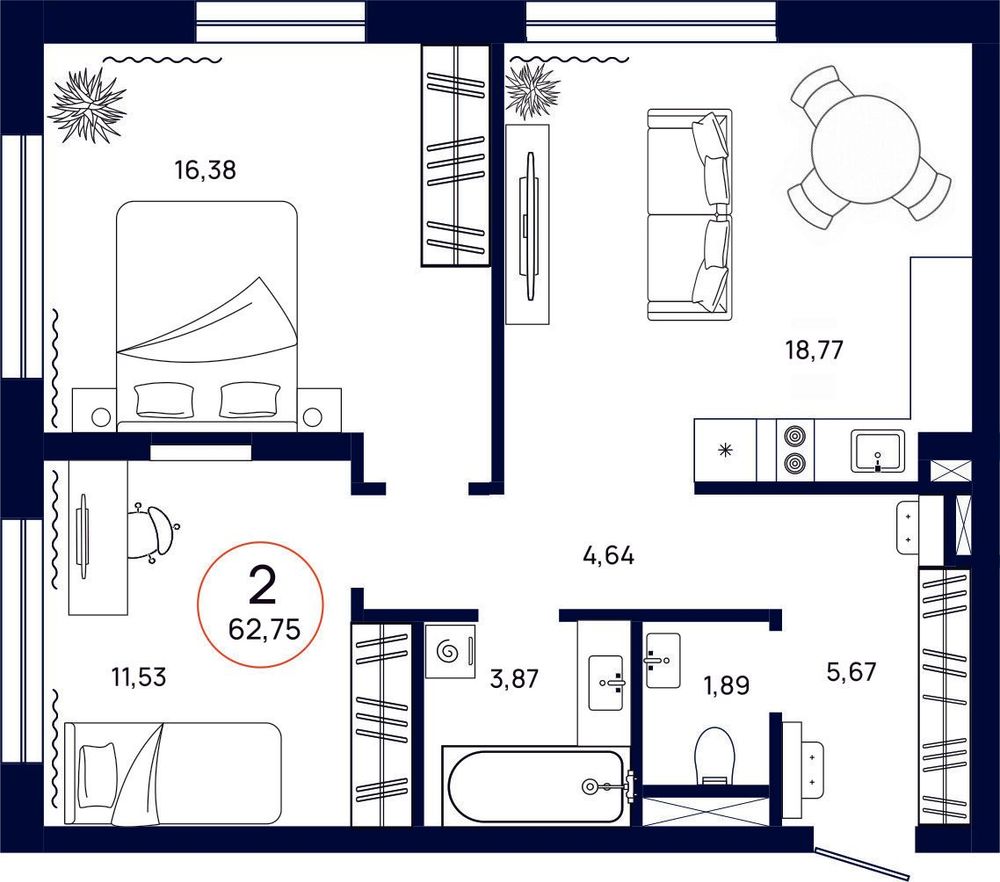 Планировка, 2 к. квартира, Тюмень, ул. Владислава Крапивина, 9, кв. С3.4.5, пд.3, эт. 4/9, 62,75 м², 8 796 000 ₽, 140 175,30