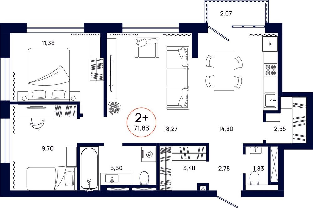 Планировка, 2 к. квартира, Тюмень, ул. Владислава Крапивина, 9, кв. С3.4.6, пд.3, эт. 4/9, 71,83 м², 10 776 000 ₽, 150 020,88