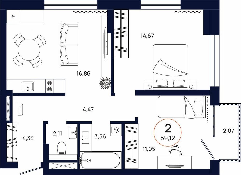 Планировка, 2 к. квартира, Тюмень, ул. Владислава Крапивина, 9, кв. С3.5.2, пд.3, эт. 5/9, 59,12 м², 8 403 000 ₽, 142 134,64
