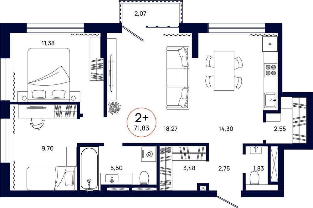 Планировка, 2 к. квартира, Тюмень, ул. Владислава Крапивина, 9, кв. С3.5.6, пд.3, эт. 5/9, 71,83 м², 10 798 000 ₽, 150 327,16