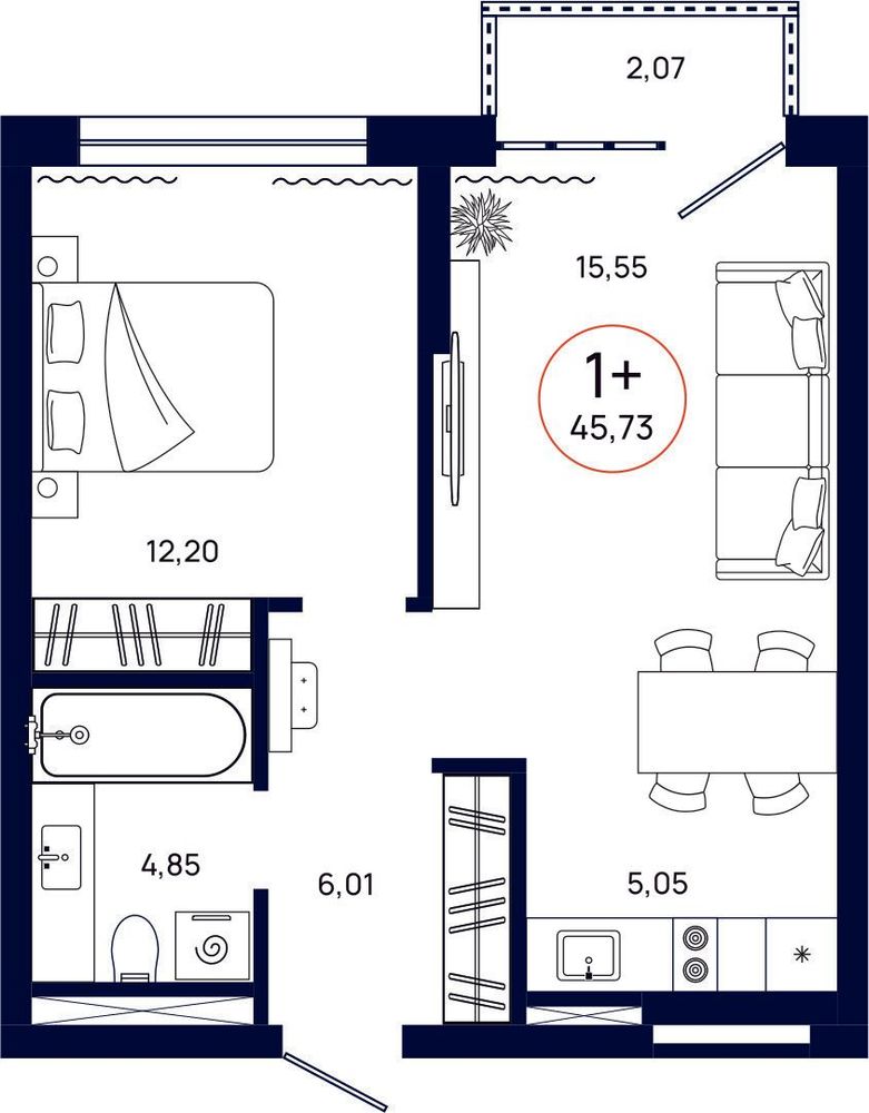 Планировка, 1 к. квартира, Тюмень, ул. Владислава Крапивина, 9, кв. С3.6.3, пд.3, эт. 6/9, 45,73 м², 6 926 000 ₽, 151 454,19