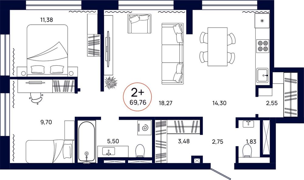 Планировка, 2 к. квартира, Тюмень, ул. Владислава Крапивина, 9, кв. С3.6.6, пд.3, эт. 6/9, 69,76 м², 10 272 000 ₽, 147 247,71
