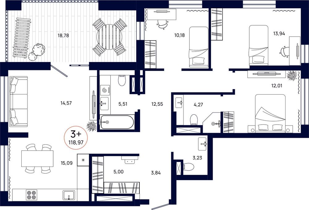 Планировка, 3 к. квартира, Тюмень, ул. Владислава Крапивина, 9, кв. С3.8.1, пд.3, эт. 8/9, 118,97 м², 17 850 000 ₽, 150 037,82