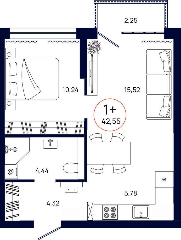 Планировка, 1 к. квартира, Тюмень, ул. Владислава Крапивина, 9, кв. С4.2.1, пд.4, эт. 2/13, 42,55 м², 5 777 000 ₽, 135 769,68