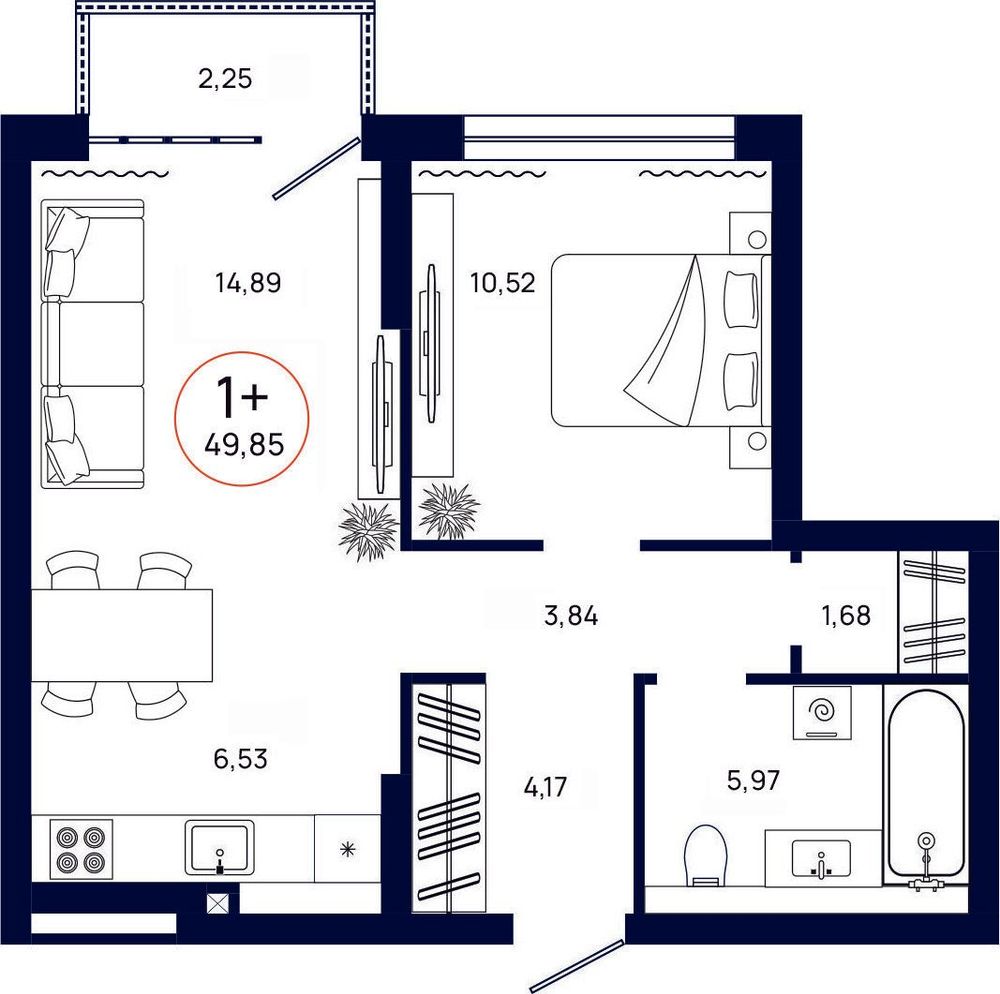 Планировка, 1 к. квартира, Тюмень, ул. Владислава Крапивина, 9, кв. С4.2.6, пд.4, эт. 2/13, 49,85 м², 6 798 000 ₽, 136 369,11