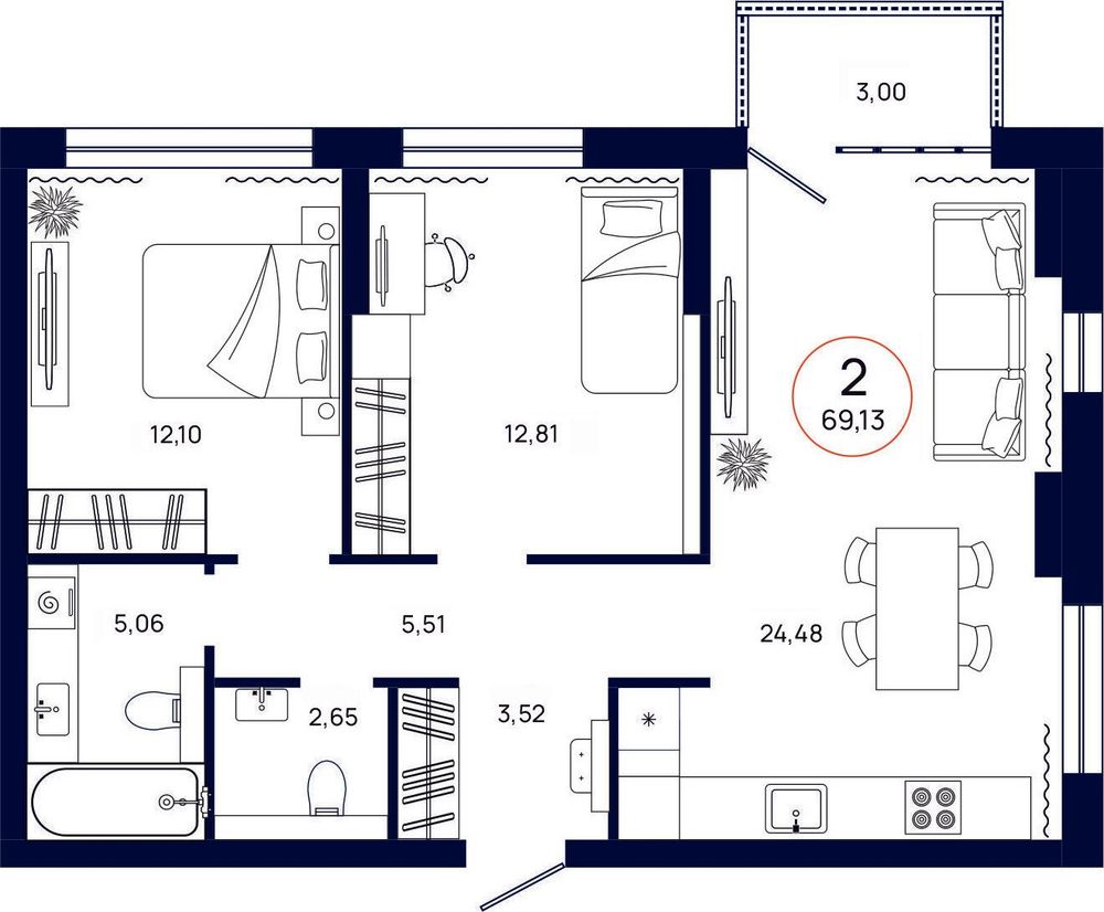 Планировка, 2 к. квартира, Тюмень, ул. Владислава Крапивина, 9, кв. С4.2.8, пд.4, эт. 2/13, 69,13 м², 8 366 000 ₽, 121 018,37