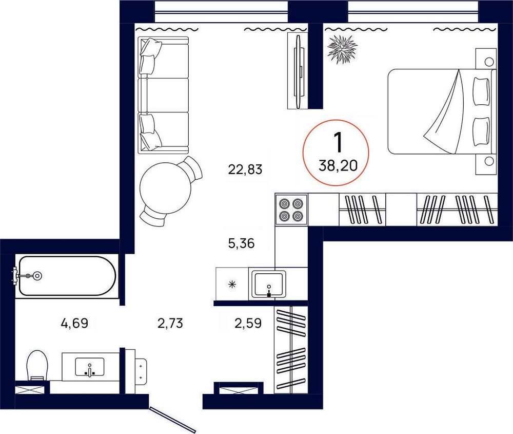 Планировка, 1 к. квартира, Тюмень, ул. Владислава Крапивина, 9, кв. С4.5.4, пд.4, эт. 5/13, 38,2 м², 5 599 000 ₽, 146 570,68